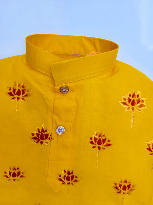 Babynjungle Infant kids Ethnic Wear Mustard Yellow Hand Printed kurta set for Boys