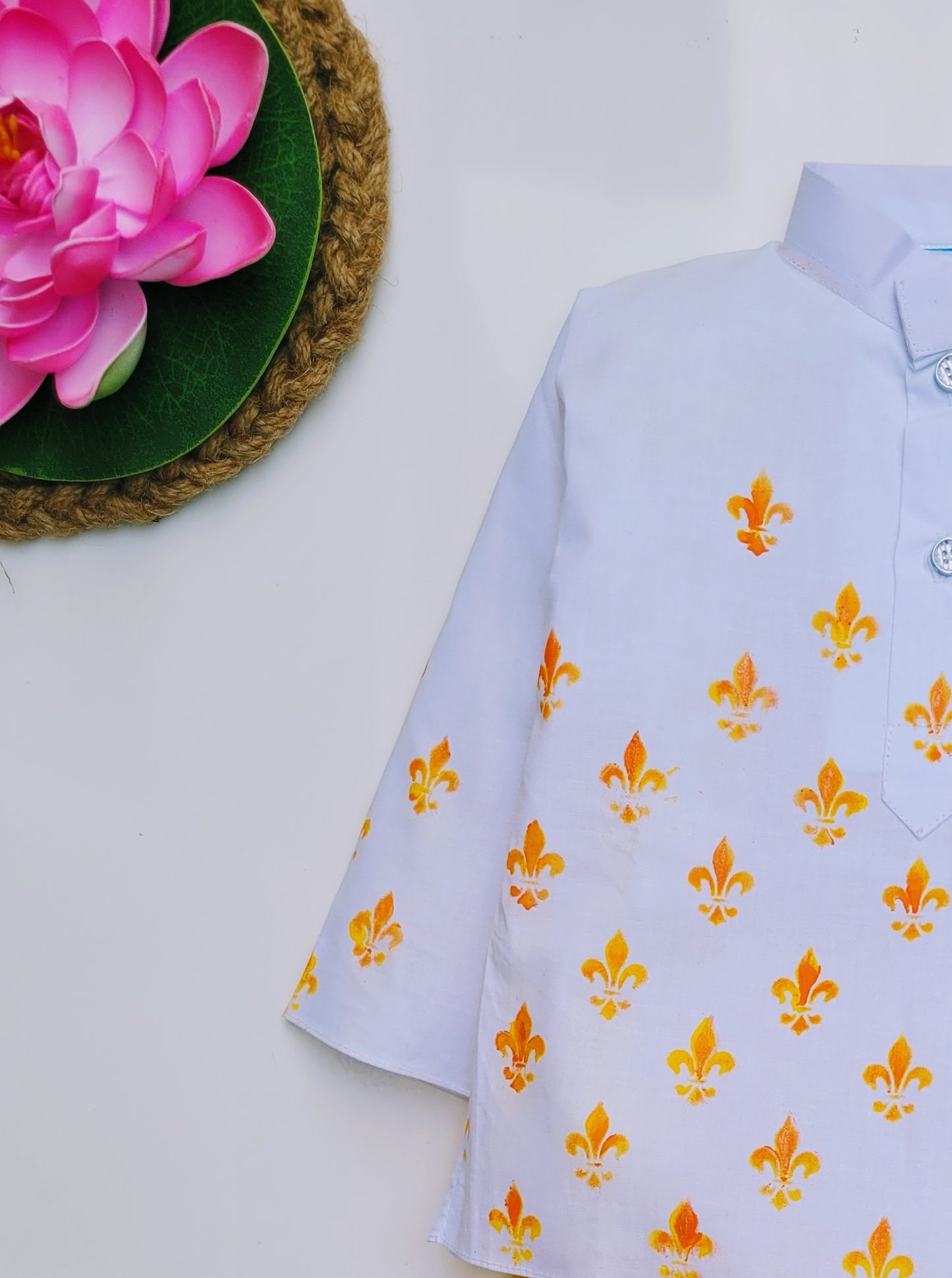 Babynjungle kids Cotton hand Printed dhoti white n yellow Kurta Set for Boys