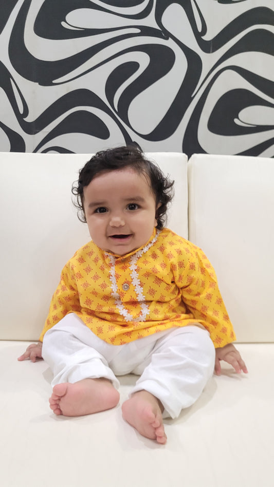 Veer style yellow Printed kurta Pajama set for Boys