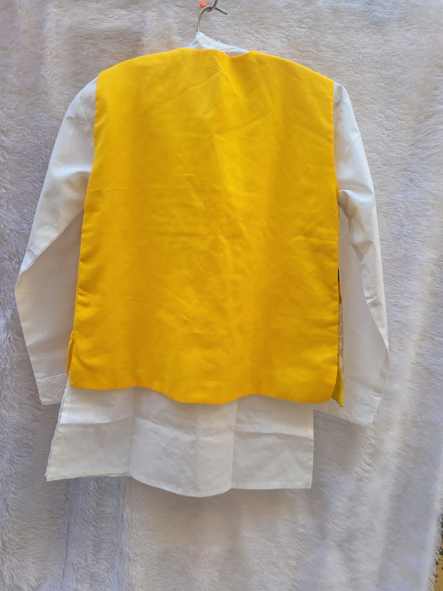 Boys yellow floral Nehru jacket with white kurta pajama festive ethnic wear
