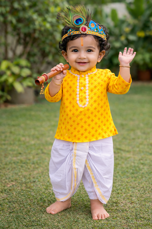 Happyjunglee Yellow Cotton Printed Baby Boy Kurta Pajama or Dhoti set