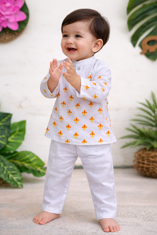 Happyjunglee Cotton white Handpainted kurta Orange Dothi |Ganesh Chaturthi Dress
