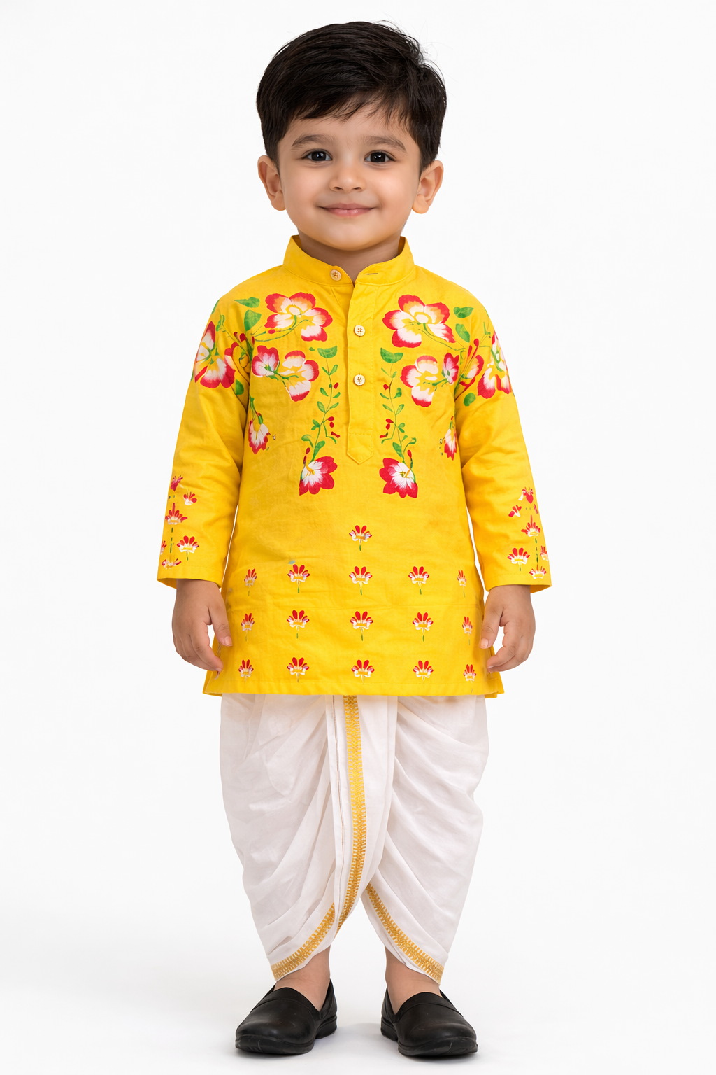Happyjunglee Boys Yellow Hand Painted Kurta Set | Kids Cotton Festive Ethnic Wear