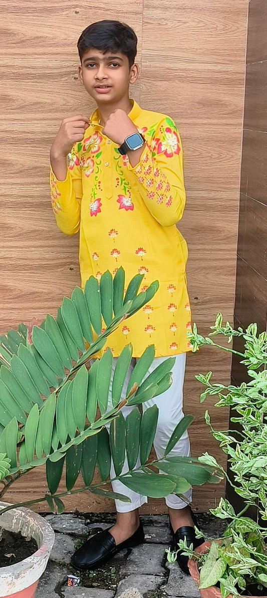 Vishnu Style Hand Printed Yellow 100% Cotton Kurta Set For Boys