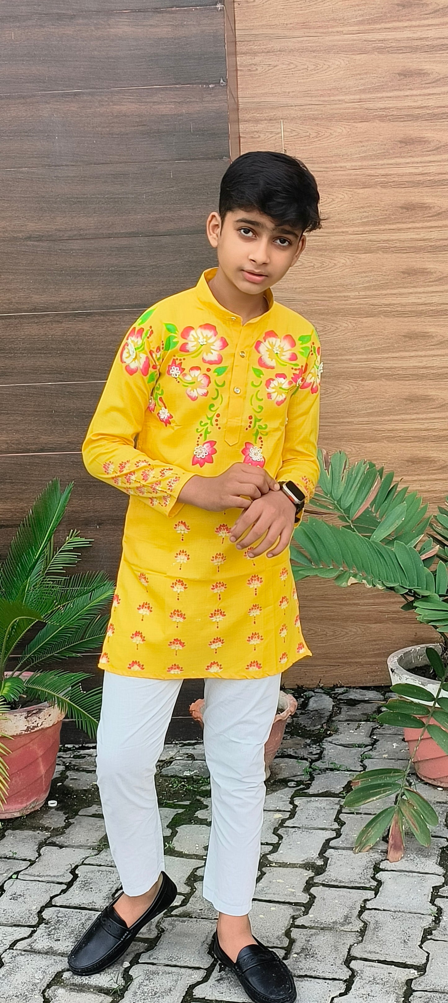 Vishnu Style Hand Printed Yellow 100% Cotton Kurta Set For Boys