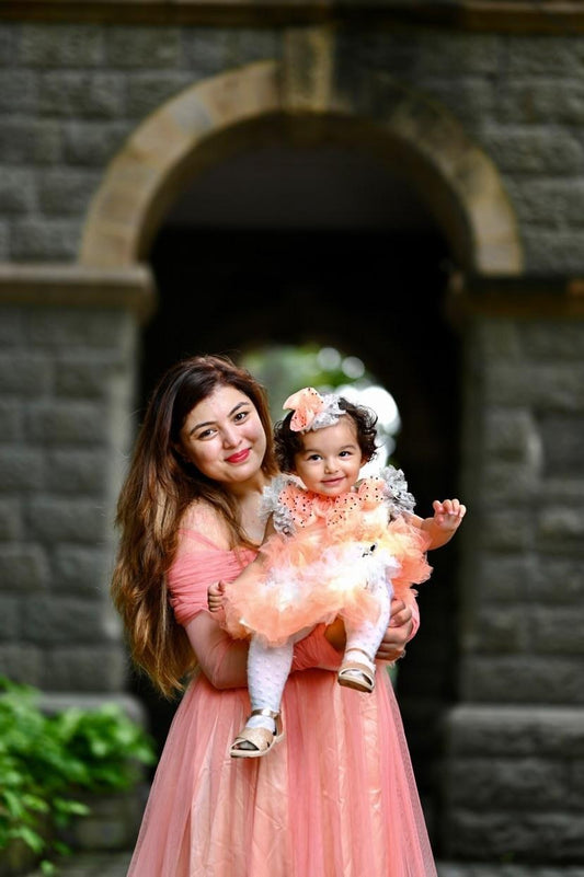 Babynjungle kids 1st Birthday Party Wear Peach Net Ruffles Frock Gor Girls