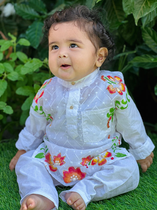 Veer Style 100% Coptton Chickenkari White Kurta Set For Boys