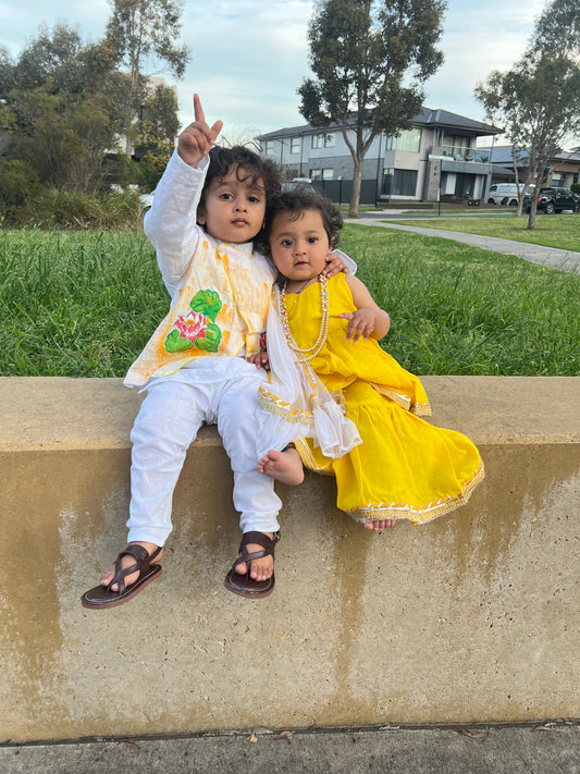 Boys Cotton White Chickenkari kurta and Handpainted Jacket with white Cotton Pajama