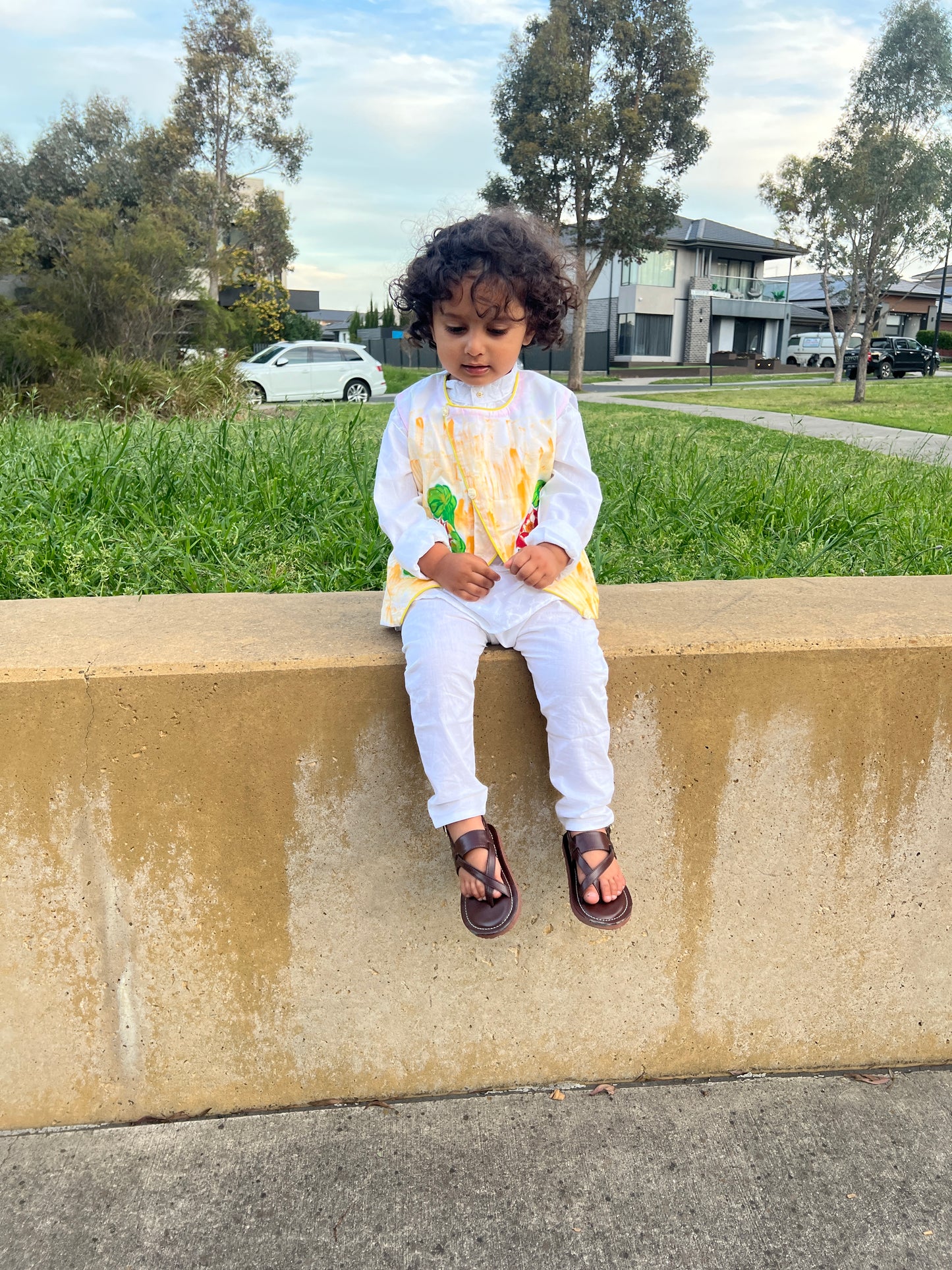 Boys Cotton White Chickenkari kurta and Handpainted Jacket with white Cotton Pajama