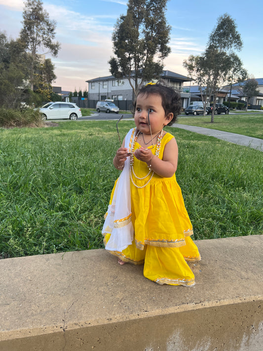 Yellow Cotton sharara kurta for girls with White Net Duptta