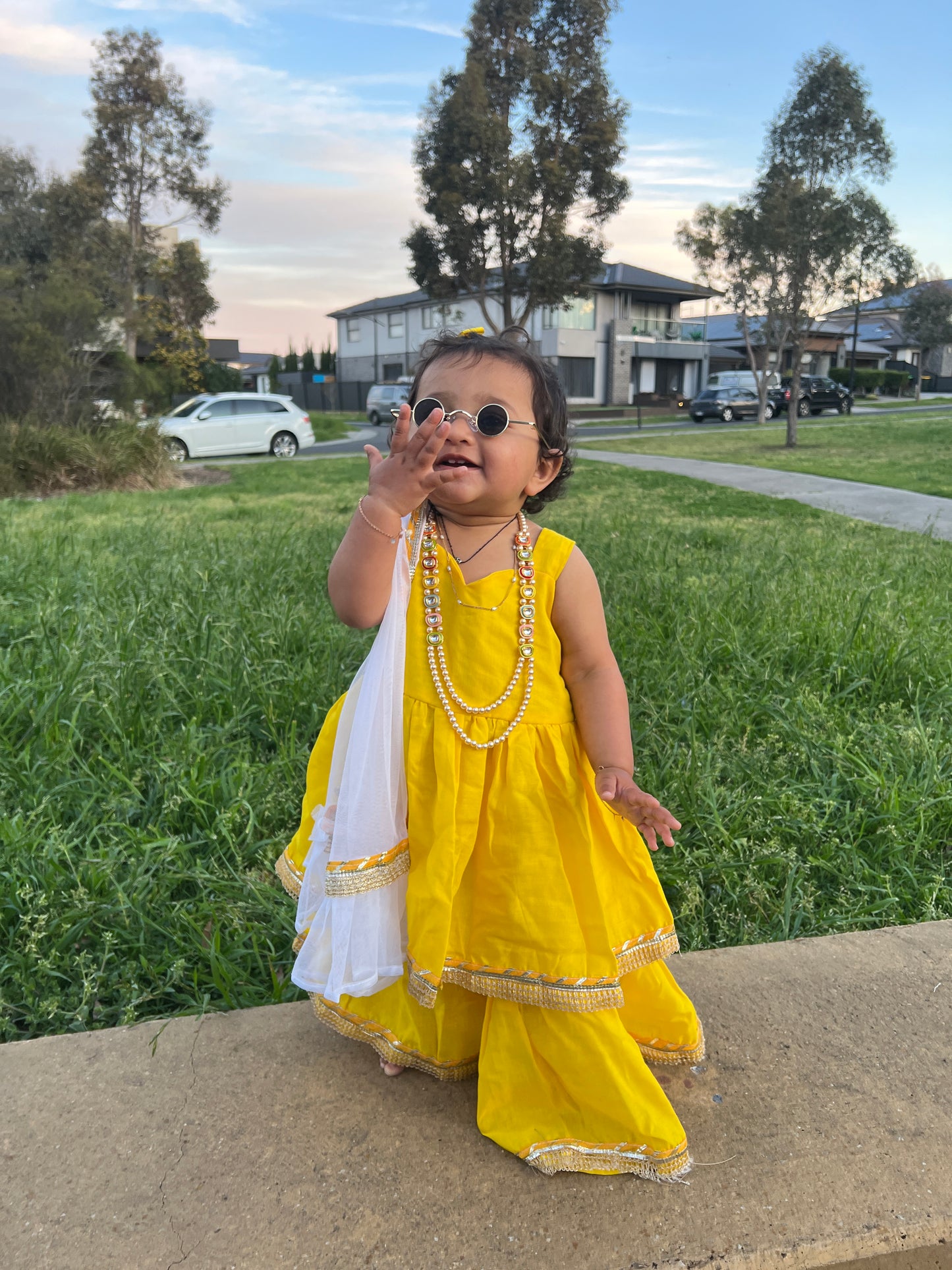 Yellow Cotton sharara kurta for girls with White Net Duptta