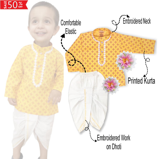 babyNjungle -Infant-Toddler-100% cotton yellow printed Ethnic Wear dhoti kurta set for Boys