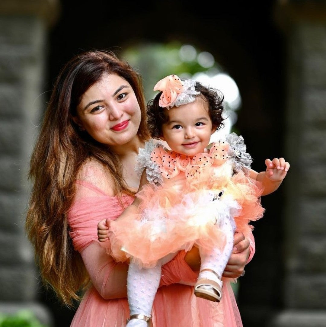 Babynjungle kids 1st Birthday Party Wear Peach Net Ruffles Frock Gor Girls