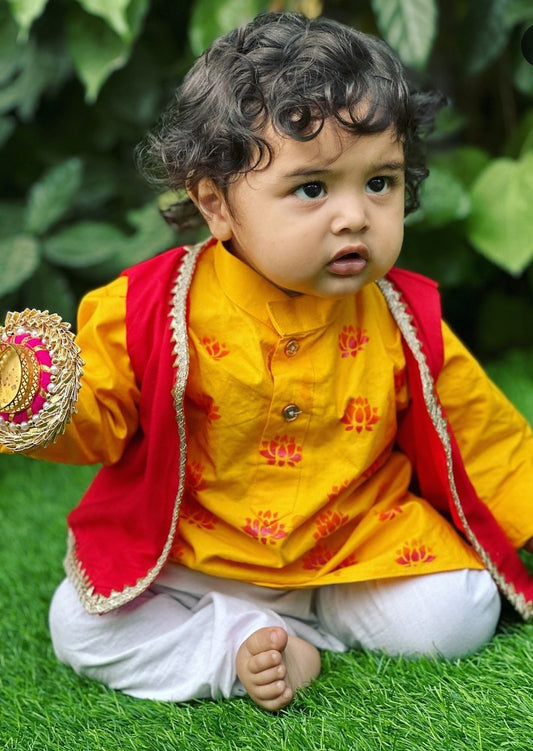 Boys straight style cotton Yellow kurta with Red jacket and pyjama