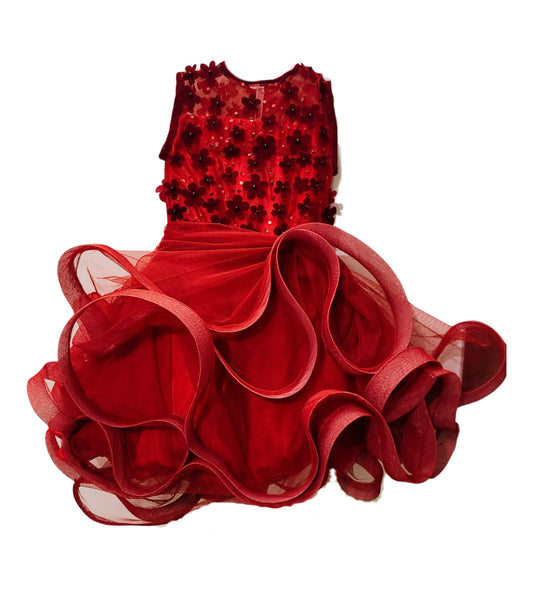 babynjungle girls Party Wear Meroon embroidered flower ruffles frock for girls