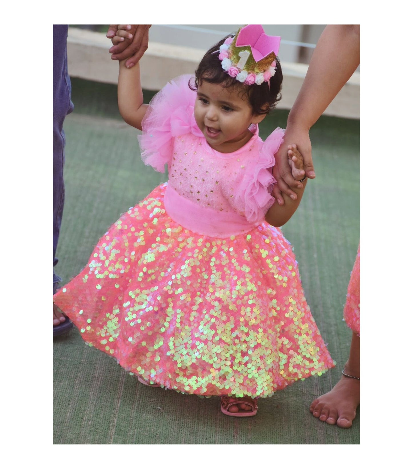 Babynjungle First Birthday Pink Sequence Partywear Frock for Girls