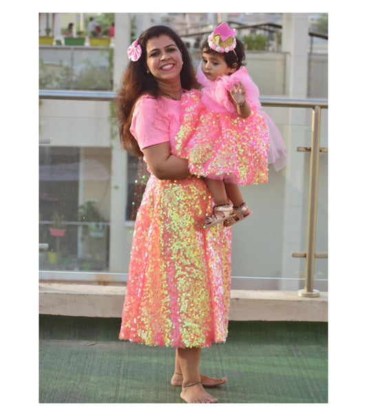 Babynjungle First Birthday Pink Sequence Partywear Frock for Girls