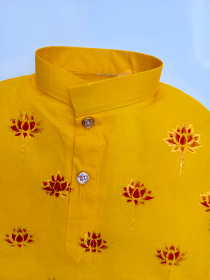 Babynjungle Infant kids Ethnic Wear  Mustard Yellow Hand Printed kurta set for Boys