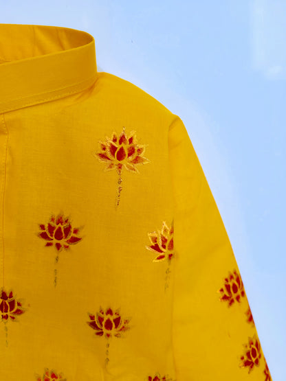 Babynjungle Infant kids Ethnic Wear  Mustard Yellow Hand Printed kurta set for Boys