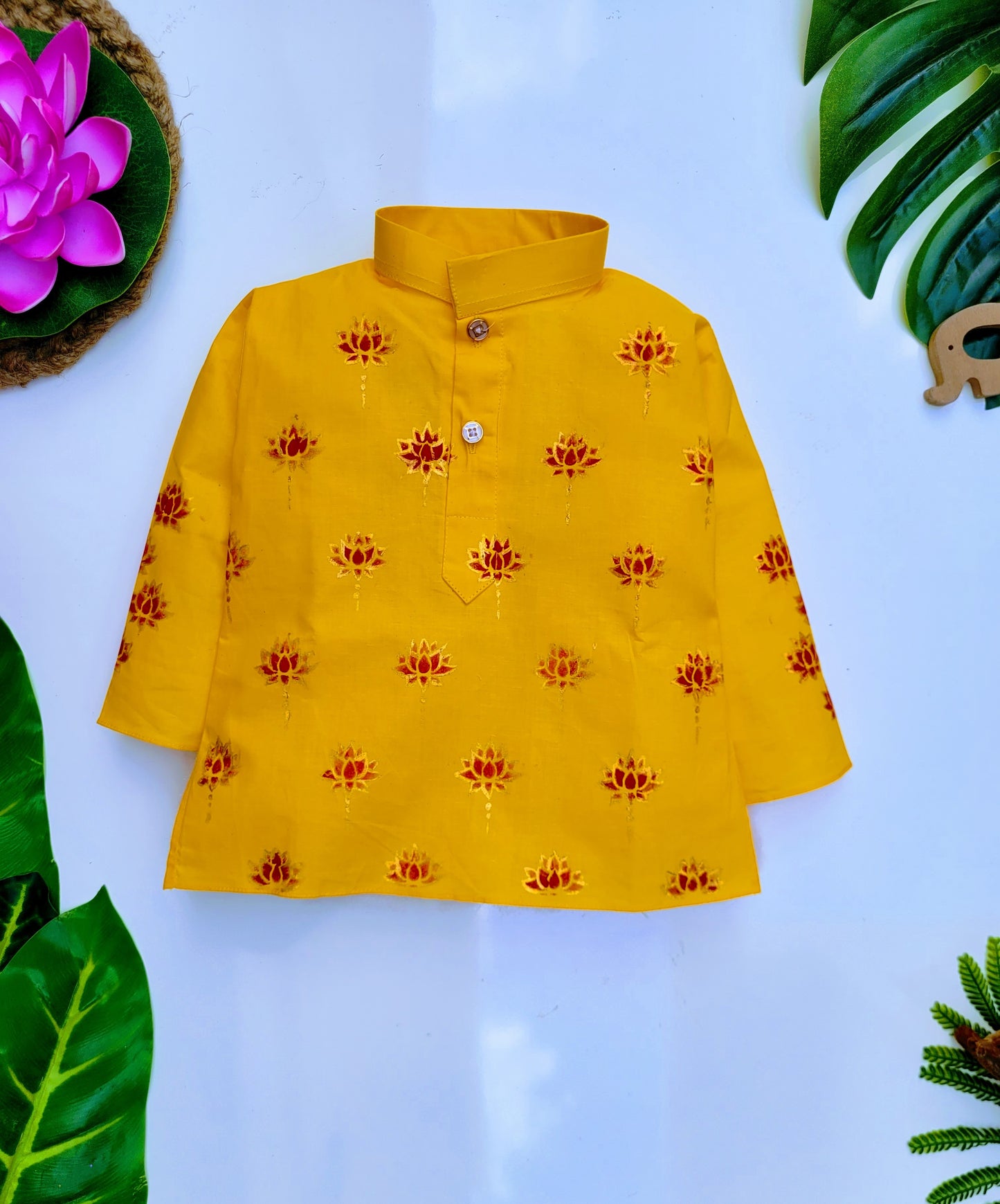 Babynjungle Infant kids Ethnic Wear  Mustard Yellow Hand Printed kurta set for Boys