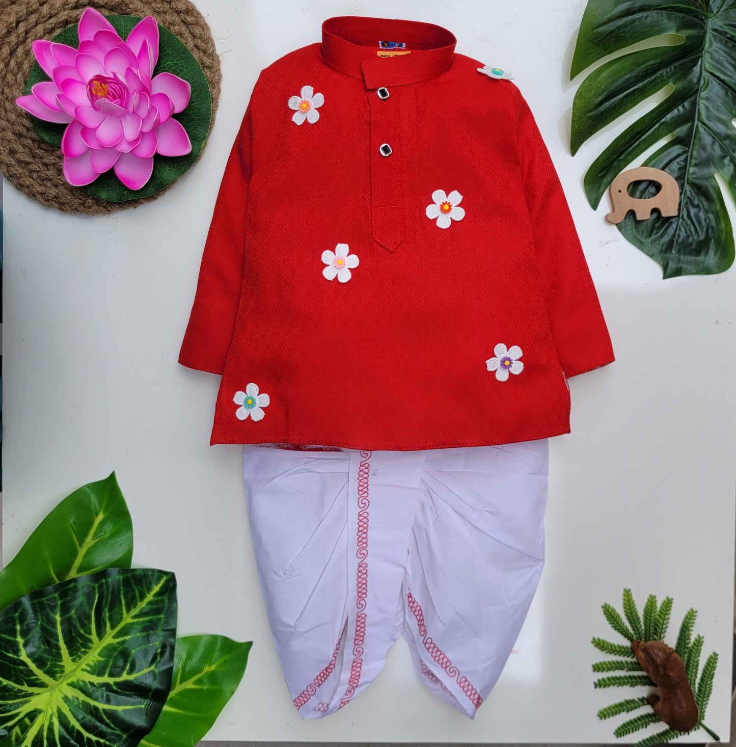 babyNjungle -Infant-Toddler-100% cotton Ethnic Wear embellished flower dhoti kurta set for Boys