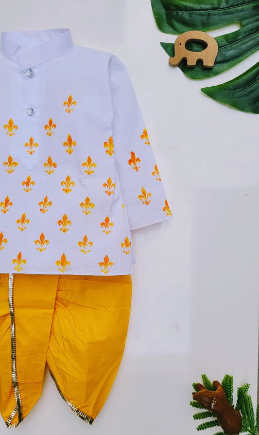Babynjungle kids Cotton hand Printed dhoti  white n yellow  Kurta Set for Boys