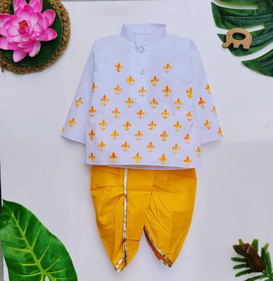 Babynjungle kids Cotton hand Printed dhoti  white n yellow  Kurta Set for Boys