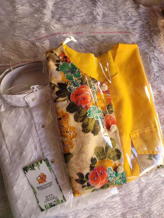 Boys yellow floral Nehru jacket with white kurta pajama festive ethnic wear
