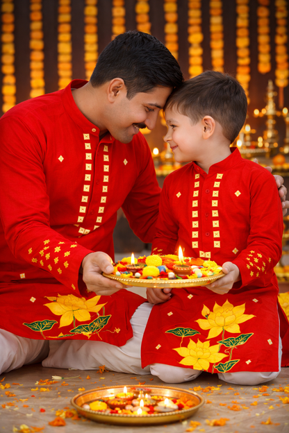 Father Son Combo Lotus Handpainted Kurta Set | Ethnic Wear for Festivals