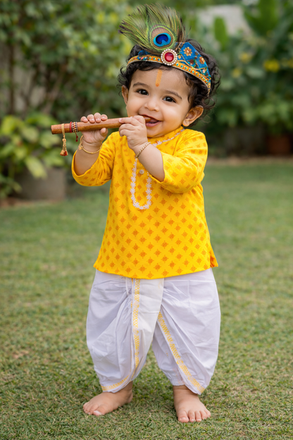 Happyjunglee Yellow  Cotton Printed Baby Boy Kurta Pajama or Dhoti set