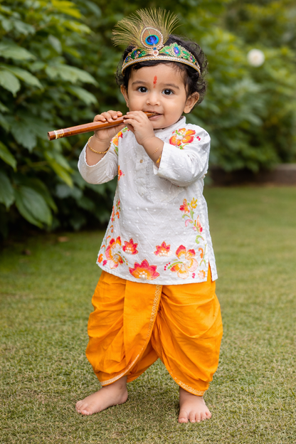 Happyjunglee Hand Painted White Cotton Chickenkari Kurta Set for Boys (0–10 Yrs)