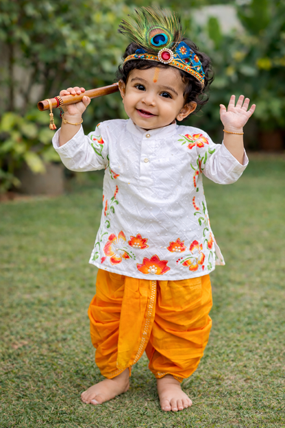 Happyjunglee Hand Painted White Cotton Chickenkari Kurta Set for Boys (0–10 Yrs)