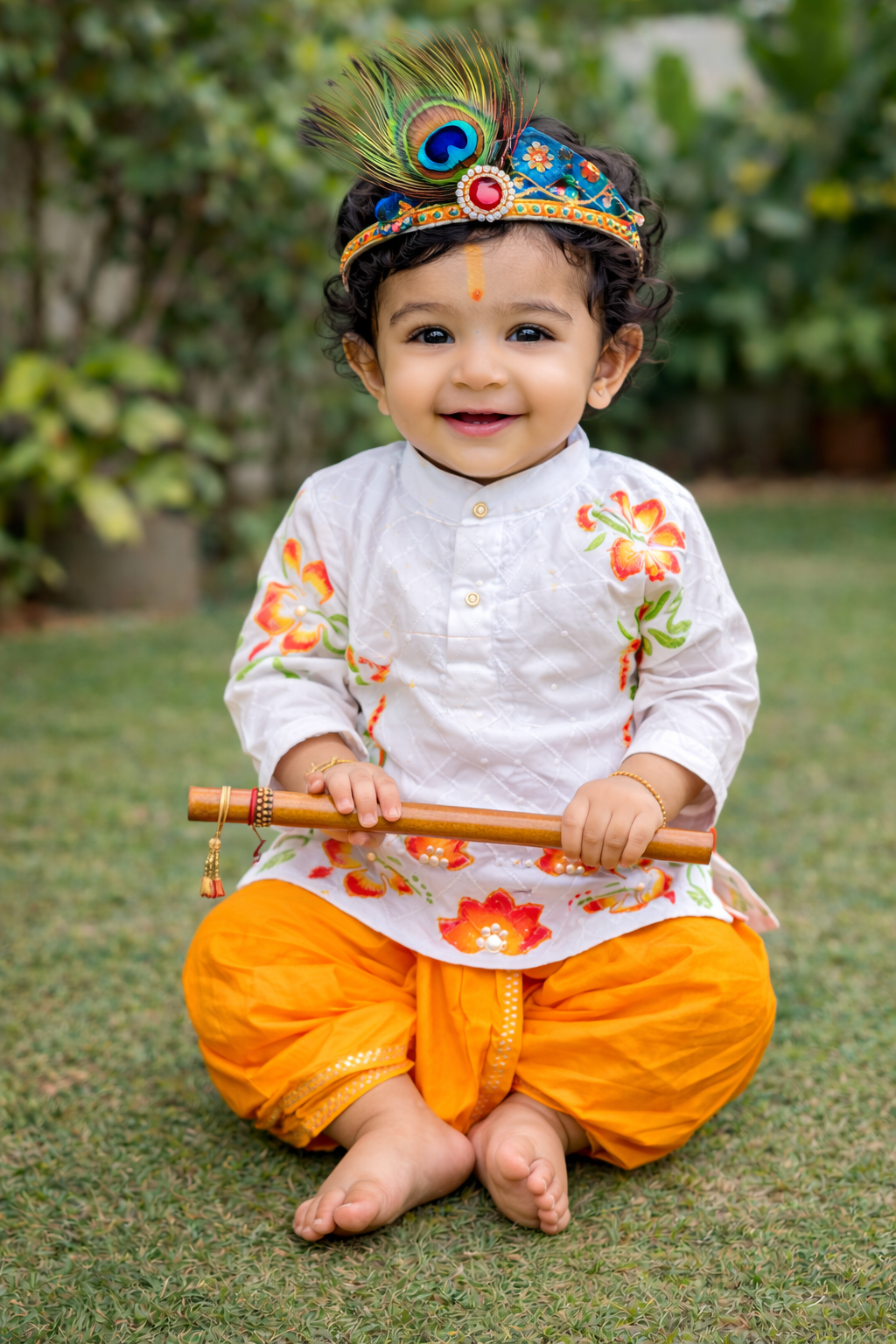 Happyjunglee Hand Painted White Cotton Chickenkari Kurta Set for Boys (0–10 Yrs)