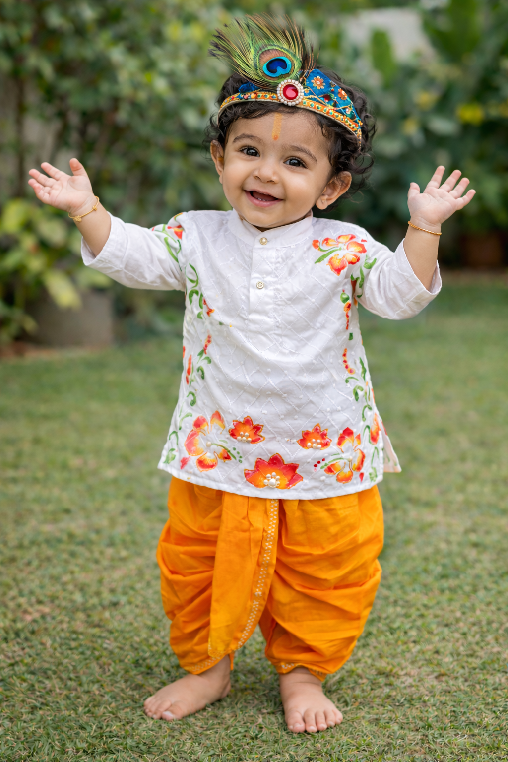 Happyjunglee Hand Painted White Cotton Chickenkari Kurta Set for Boys (0–10 Yrs)