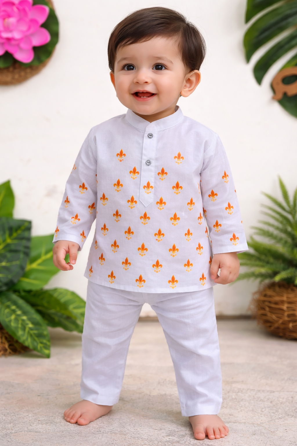 Happyjunglee Cotton white Handpainted kurta Orange Dothi |Ganesh Chaturthi Dress