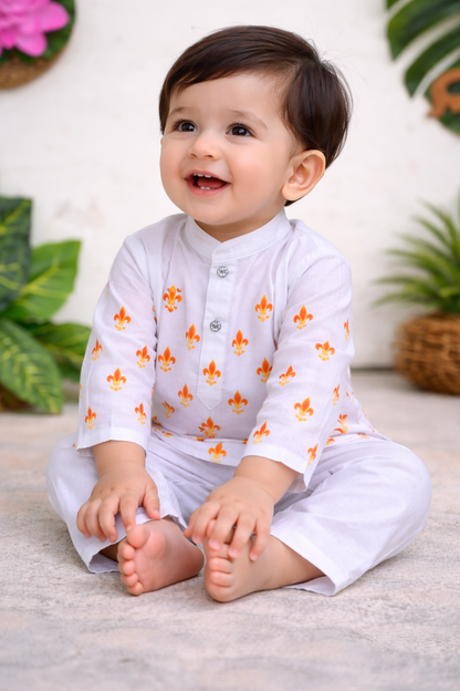 Happyjunglee Cotton white Handpainted kurta Orange Dothi |Ganesh Chaturthi Dress
