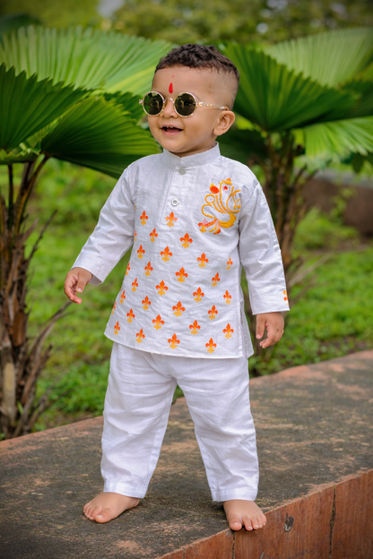 Happyjunglee Cotton white Handpainted kurta Orange Dothi |Ganesh Chaturthi Dress