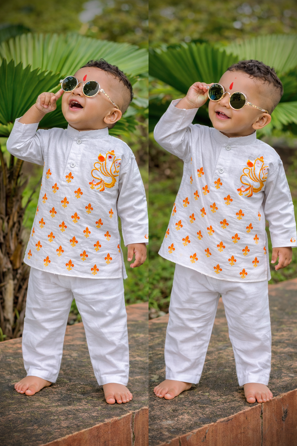 Happyjunglee Cotton white Handpainted kurta Orange Dothi |Ganesh Chaturthi Dress