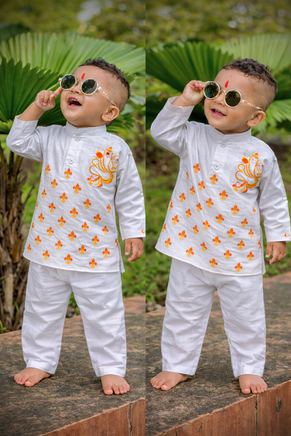 Happyjunglee Cotton white Handpainted kurta Orange Dothi |Ganesh Chaturthi Dress