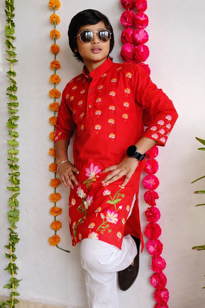 Happyjunglee Kids Floral Hand Painted Kurta Set for Boys – Cotton Traditional Wear