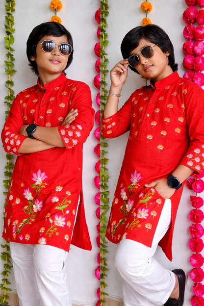 Happyjunglee Kids Floral Hand Painted Kurta Set for Boys – Cotton Traditional Wear