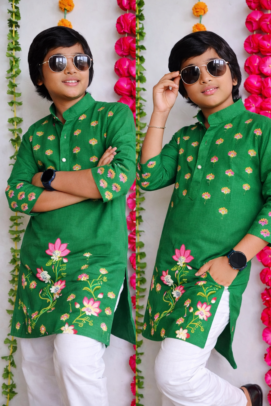 Happyjunglee Kids Floral Hand Painted Kurta Set for Boys – Cotton Traditional Wear