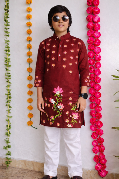 Happyjunglee Kids Floral Hand Painted Kurta Set for Boys – Cotton Traditional Wear