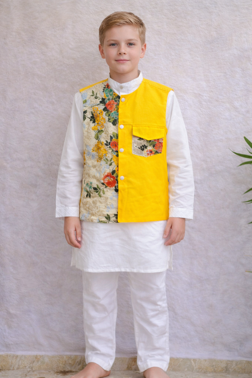 Boys yellow floral Nehru jacket with white kurta pajama festive ethnic wear