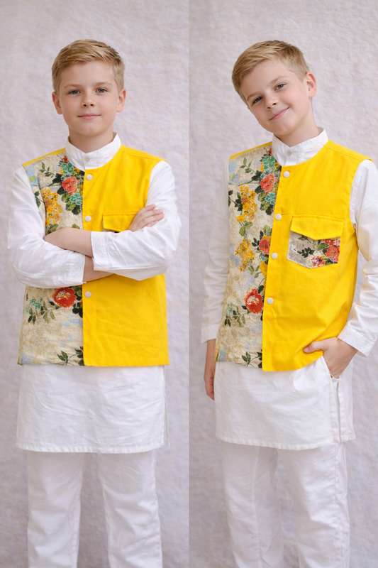 Boys yellow floral Nehru jacket with white kurta pajama festive ethnic wear