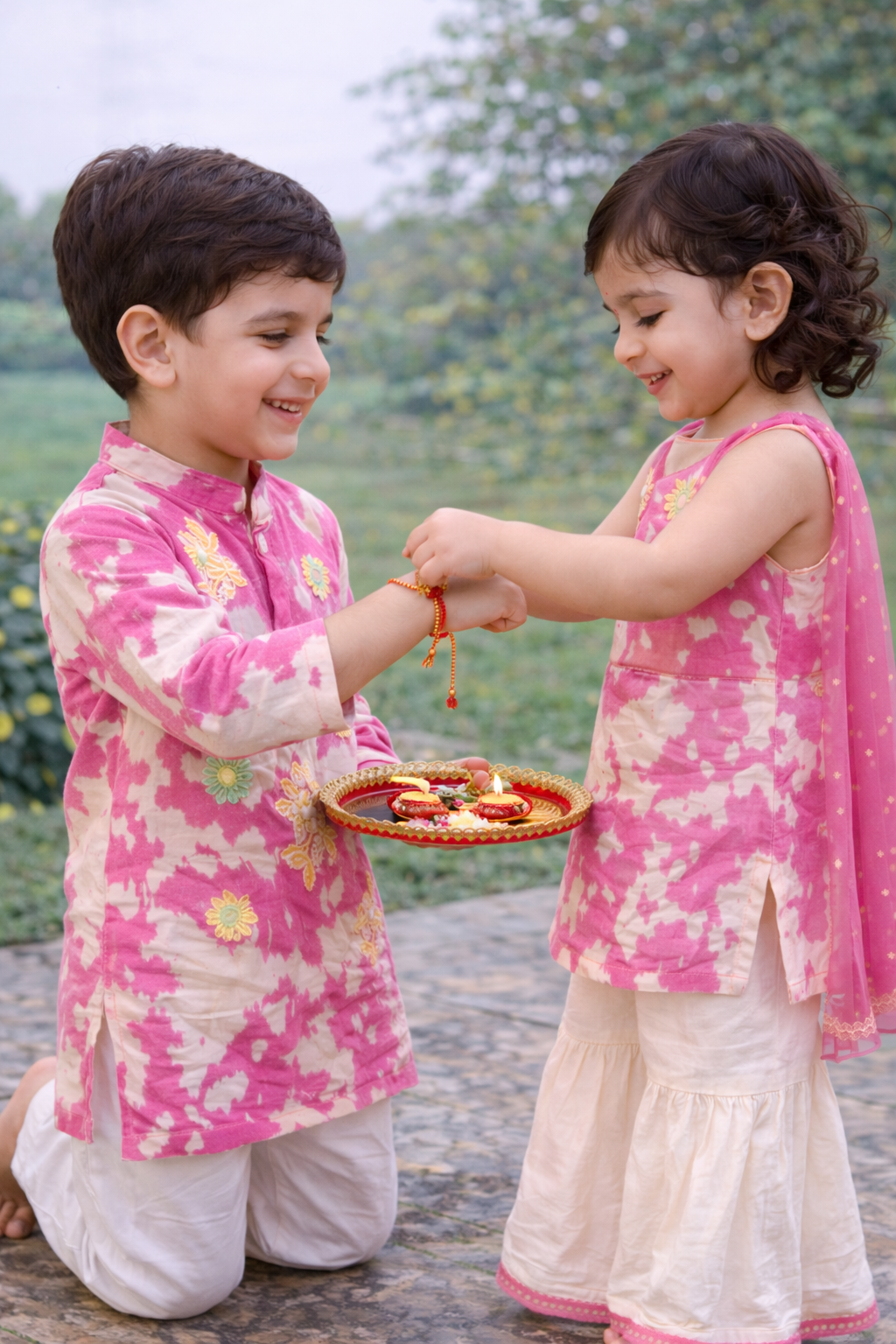 Happyjunglee Sibling Matching Rakhi Outfit – Tie and Dye Cotton Festive Kurta Set for Kids