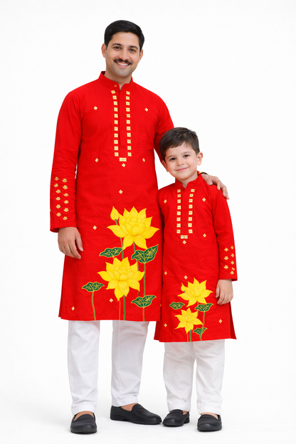 Father Son Combo Lotus Handpainted Kurta Set | Ethnic Wear for Festivals