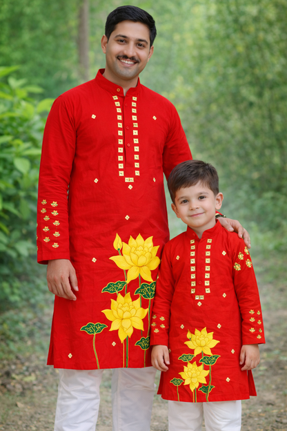 Father Son Combo Lotus Handpainted Kurta Set | Ethnic Wear for Festivals