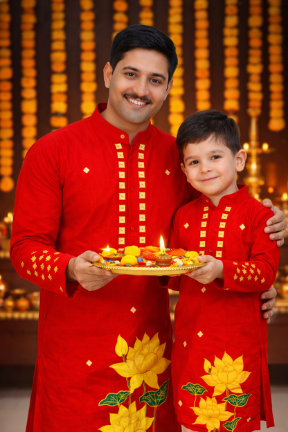 Father Son Combo Lotus Handpainted Kurta Set | Ethnic Wear for Festivals