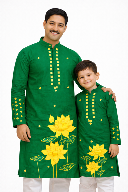 Father Son Combo Lotus Handpainted Kurta Set | Ethnic Wear for Festivals